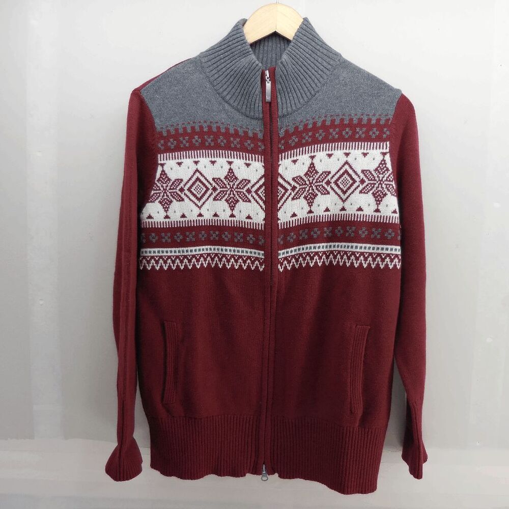 EDDIE BAUER Nordic Snowflake Zip Cardigan‎ Sweater Womens XL Red Gray EUC